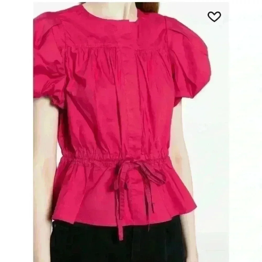 Ulla Johnson Peplum Hem Tie Magenta Puff Sleeves Cotton Blouse Size 00/0/2.